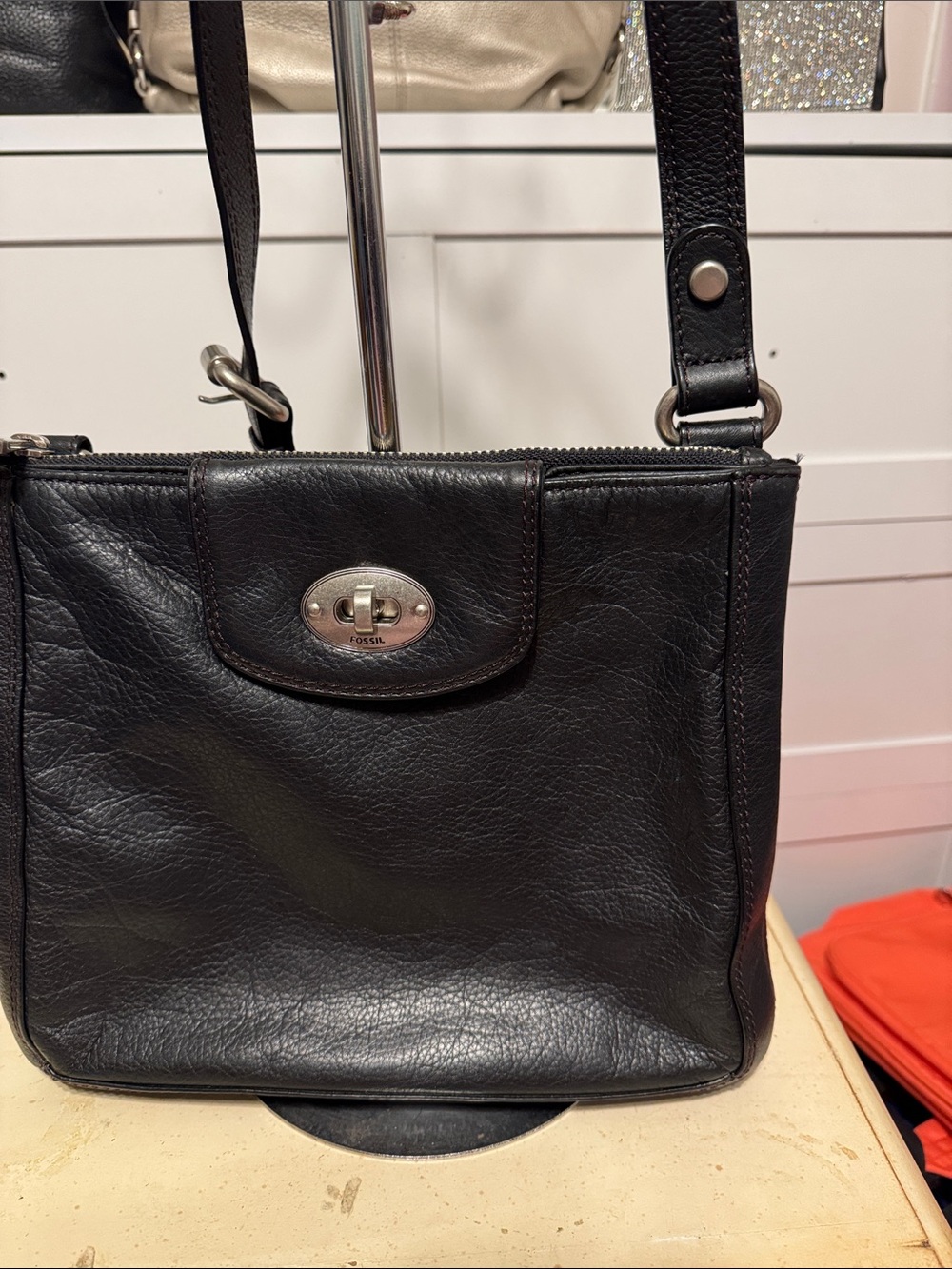 Fossil Maddox Black Leather Turn-Lock Y2K Crossbody Bag